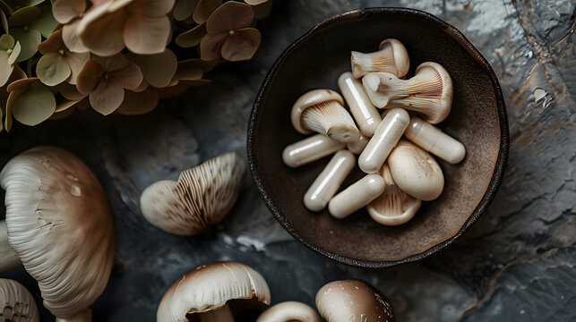 Mushroom Magic: Overhead View of Potent Medicinal Fungi for Powerful Mushroom Supplements. Efflorescence Of Champignon Fortifiers Captured Through Extracellular Vesicles