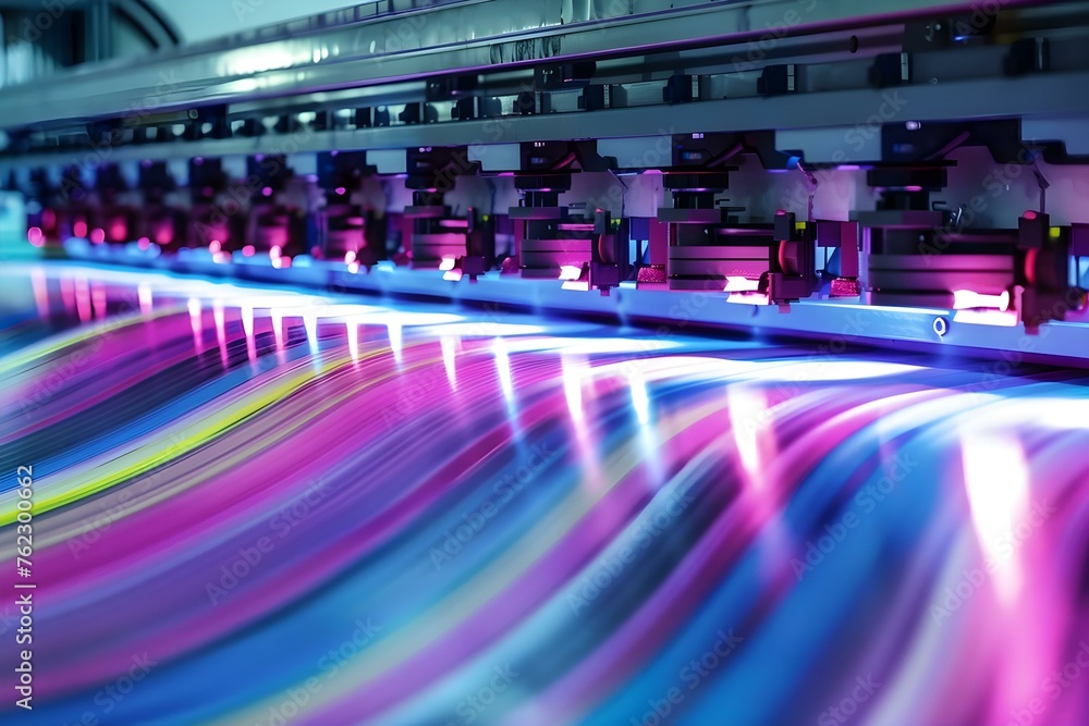 Poster hightech digital printer in action creating larg. concept printing technology, large format printing
