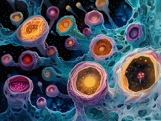 Embryonic stem cells depicted as a beacon of cellular therapy symbolize science's promise to heal and renew in a creative visual hymn - obrazy, fototapety, plakaty