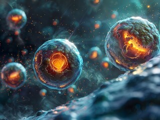 Embryonic stem cells depicted as a beacon of cellular therapy symbolize science's promise to heal and renew in a creative visual hymn - obrazy, fototapety, plakaty