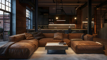 Contemporary Chic: A Stylish Loft Living Room Featuring a Sleek Couch and Elegant Coffee Table