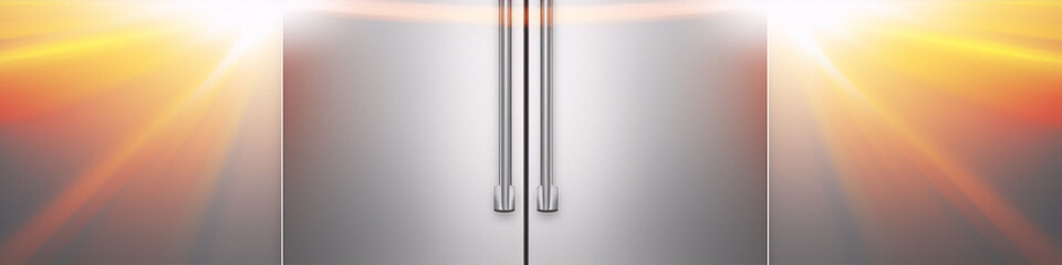 Modern kitchen refrigerator with shiny metal surface and bright orange light