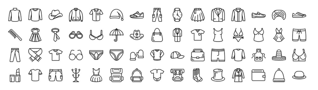 Clothes And Outfit vector thin line mini icons set. Thin simple outline icon collection.