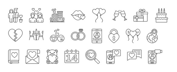 Love and Dating vector thin line mini icons set. Thin simple outline icon collection.