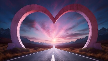 Empty highway road with pink clouds in the sky 