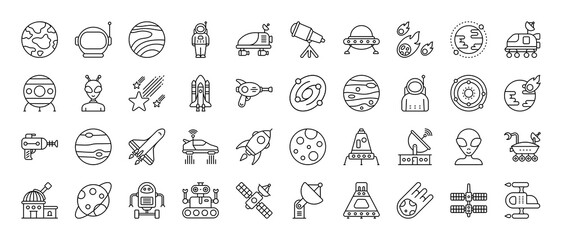 Space vector thin line mini icons set. Thin simple outline icon collection.