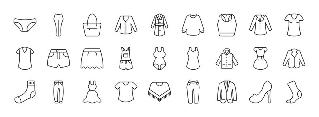 Women Clothes vector thin line mini icons set. Thin simple outline icon collection.