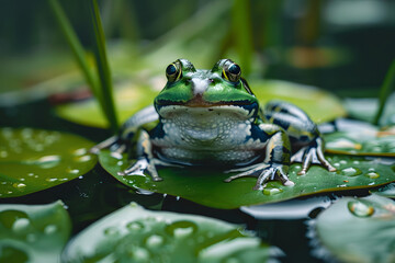 Froschidylle: Grüner Frosch ruht auf einem Seerosenblatt im Teich