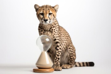 Cheetah sitting by an hourglass on a white background