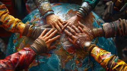 a diverse group of men and women, holding hands in solidarity over a terraqueous globe showcasing the ASEAN region. The workers should have olive skin tones  - obrazy, fototapety, plakaty