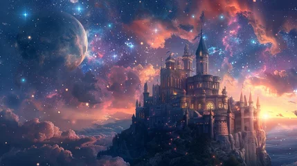 Zelfklevend Fotobehang Vibrant fantasy castle on the moon wide lens radiant in cosmic landscape © Thanadol