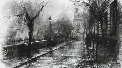 Paris street in the rain. Black and white drawing.