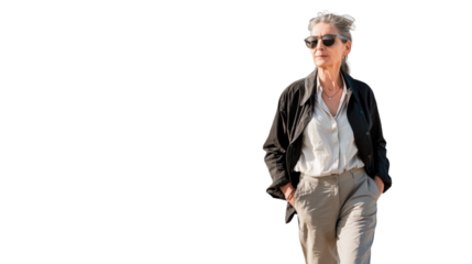 The modern elderly woman walks with a light gait. PNG file of isolated cutout object on transparent background.