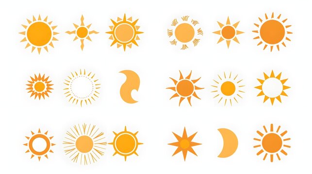 Sun icon set. Vector flat design.sun star icons.Collection of sun stars for use in as logo or weather icon.solar isolated icon, sunshine, sunset collection, summer, sunlight