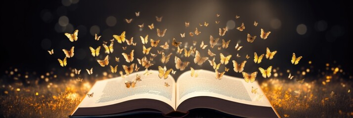 Open book and butterflies textured abstract background - obrazy, fototapety, plakaty