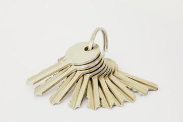 Bunch of ten metal keys on ring on white background.