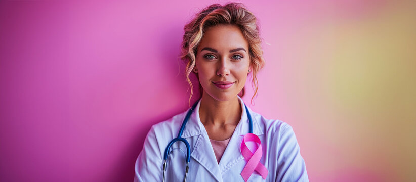 A female doctor with a pink ribbon on her medical uniform as a symbol of awareness of the fight against breast cancer. A panoramic image with a copy of the space.