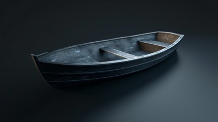 A wooden rowboat with two oars sits on a dark lake. The boat is old and weathered, but still sturdy. The oars are wooden and well-worn. - obrazy, fototapety, plakaty