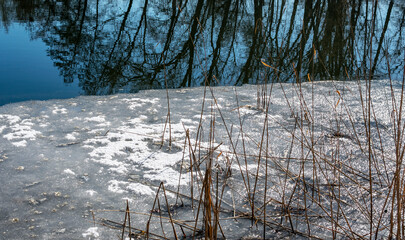 The beginning of spring. Melting ice on the river.