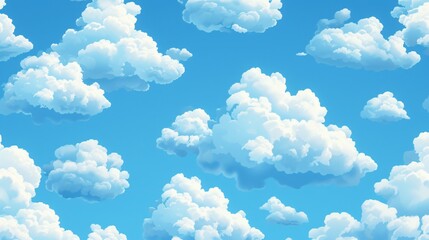 A seamless pattern of fluffy white clouds against a blue sky. The clouds are of various sizes and shapes, and they are arranged in a random pattern. - obrazy, fototapety, plakaty