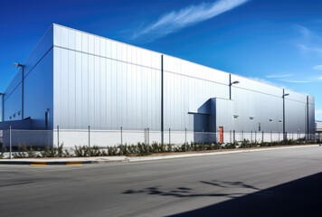 Fototapeta na wymiar Modern Industrial Warehouse Building under Clear Blue Sky