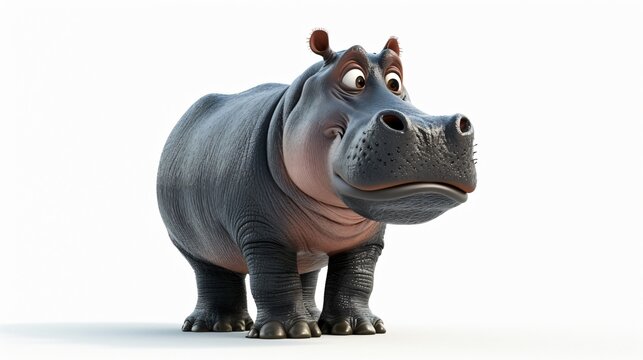 3D rendering of a cute and friendly hippopotamus standing on a white background. The hippo has a big smile on its face and is looking at the camera.
