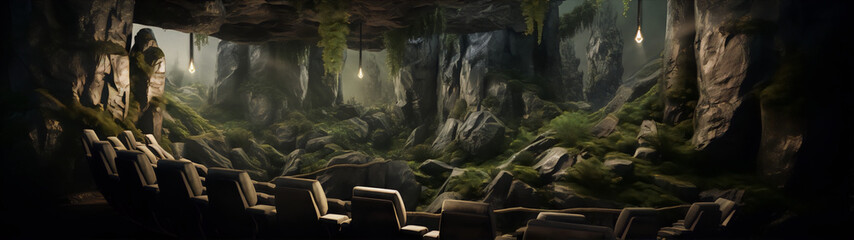 Surreal landscape with floating rocks and a hidden cinema among the rocks. - obrazy, fototapety, plakaty