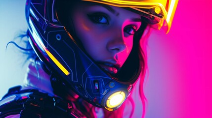 Portrait of a young woman wearing a futuristic helmet. She is looking at the camera with a serious expression.