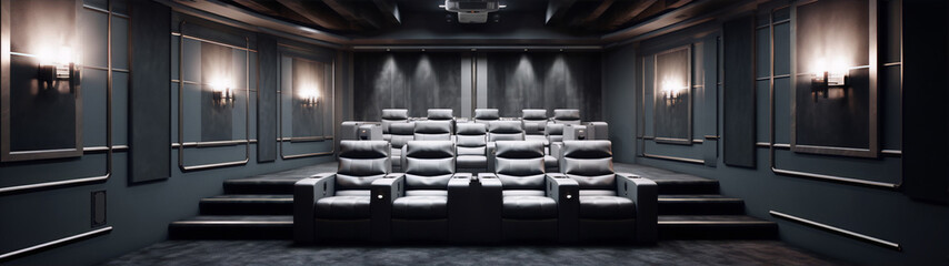 Modern home theater room with comfortable seating and dark walls - obrazy, fototapety, plakaty