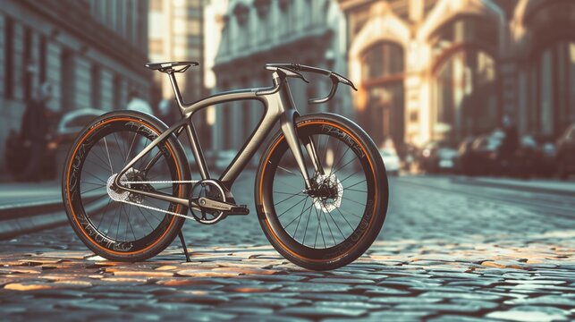 The image is a 3D rendering of a futuristic bicycle. It has a sleek, aerodynamic design and is made of carbon fiber.