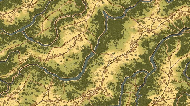 A seamless pattern of a hand-drawn map. The map features a variety of terrain, including forests, hills, and rivers.