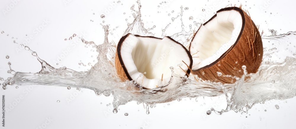 Poster two coconuts are being splashed with water on a white background, creating a refreshing and tropical