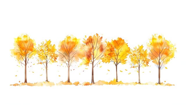 watercolor autumn yellow trees on a white background, a row of autumn trees simple illustration 