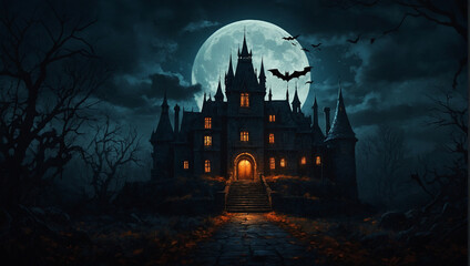Fototapeta na wymiar A dark background haunted mansion with a castle and a full moon