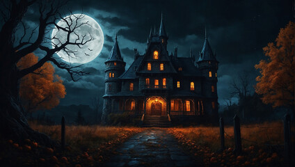 A dark background haunted mansion with a castle and a full moon
