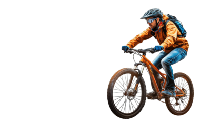 A male bicyclist riding a bicycle. PNG file of isolated cutout object on transparent background.
