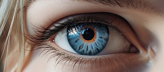 A closeup photograph of a womans brown iris with long eyelashes, in an intense electric blue hue, highlighting the beauty of the azure eye