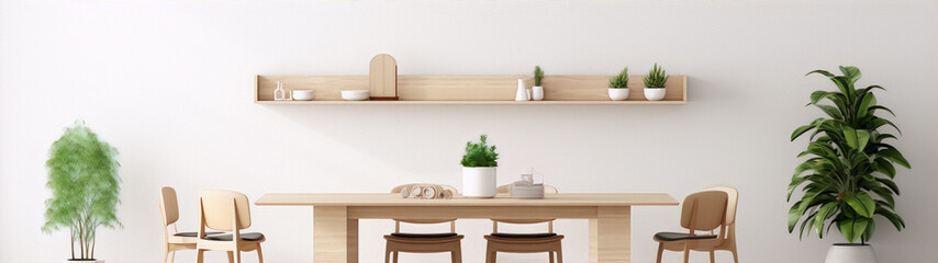 Minimalist interior scene with a wooden table, chairs, plants, and a shelf with various objects. - obrazy, fototapety, plakaty