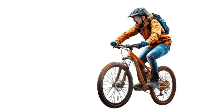 A male bicyclist riding a bicycle. PNG file of isolated cutout object on transparent background.