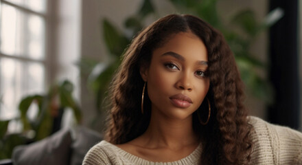 Beautifulyoung black woman relaxing on sofa in her apartment.