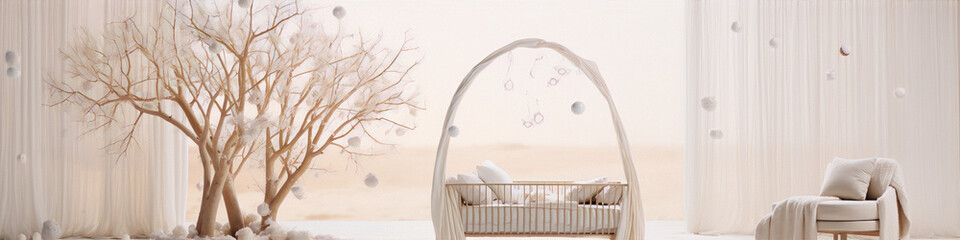 3D rendering of a whimsical and serene nursery with a tree and hanging ornaments in a neutral color palette.