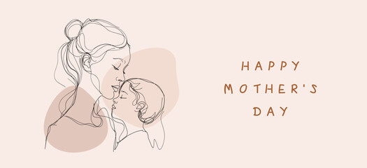 Happy Mother's Day. minimalistic modern  line art. Vector abstract illustration of mother and child,  for greeting card, banner, poster or flyer
