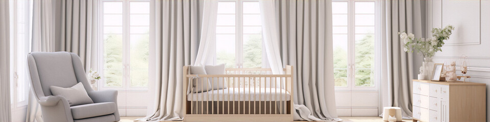 The image is of a bright and airy nursery with a modern and minimalist design. The color scheme is white, gray, and beige, with pops of color from the artwork on the walls and the flowers on the dres