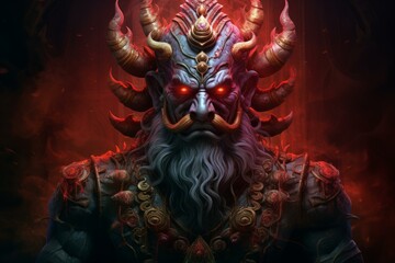Wrathful Ravana indian demon. Rugged mystical and horned creature with great strength. Generate AI