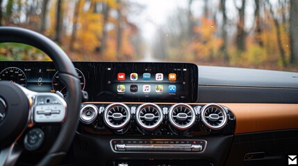 an image showcasing the interface of a car stereo with both Apple CarPlay and Android Auto, with a minimalist aesthetic and bright backdrop - obrazy, fototapety, plakaty