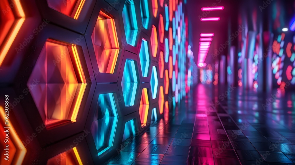 Poster an immersive digital environment where hexagons act as windows into different dimensions of technolo