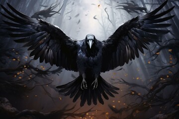 Black Raven bird fly closeup. Ink animal. Generate Ai
