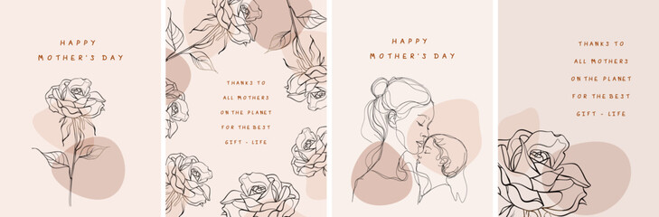 Happy Mother's Day. minimalistic modern  line art. Vector abstract illustration of mother and child, rose flower, frame, border for greeting card, poster or flyer - obrazy, fototapety, plakaty