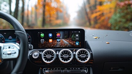 an image showcasing the interface of a car stereo with both Apple CarPlay and Android Auto, with a minimalist aesthetic and bright backdrop - obrazy, fototapety, plakaty