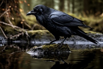Obraz premium Aquatic Raven bird water bath. Street bird animal. Generate Ai